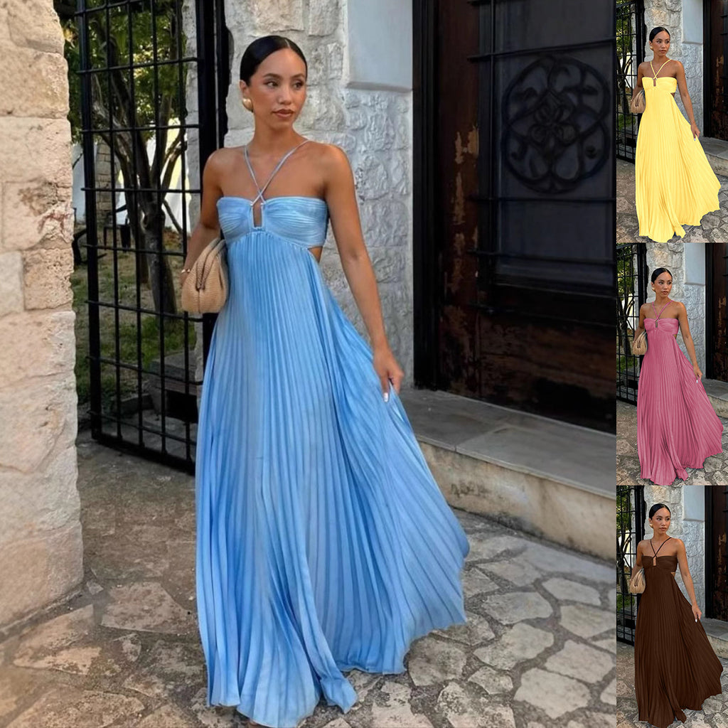 The High-Waist Pleated Maxi by Marlowe House. Pleated from a hollow, high-waisted seam, sleeveless, halter-tied. This one moves like it has.