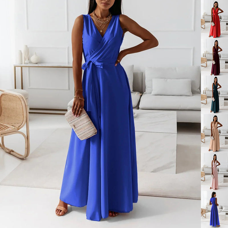 The Belted Maxi by Marlowe House. V-neck, sleeveless, a self-tie belt that actually shapes the waist. Full-length and easy — the kind.