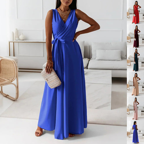 The Belted Maxi by Marlowe House. V-neck, sleeveless, a self-tie belt that actually shapes the waist. Full-length and easy — the kind.